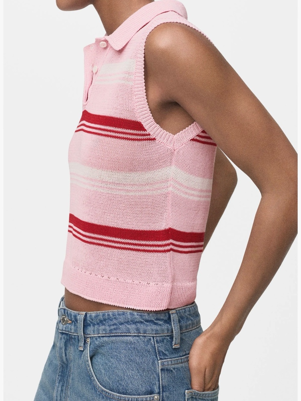 Mango Pink Sleeveless Polo Knit Top with Red and White Stripes